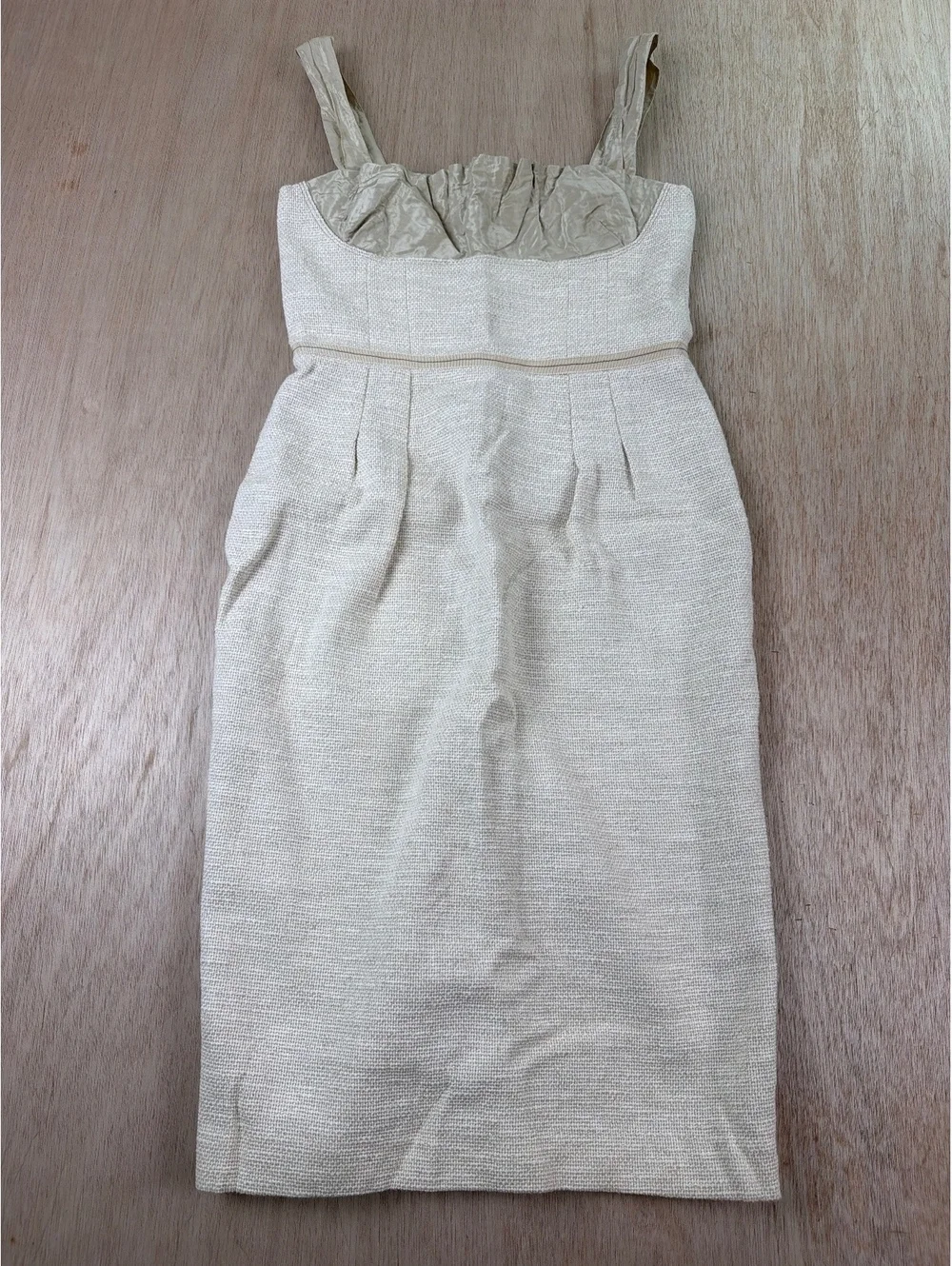 Lida Baday Cream Bouclé Sheath Dress Metallic Satin Bust Size 6 sleeveless EUC